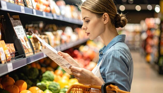 Woman checking shopping list in grocery store aisle.