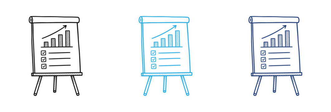 A set of three hand drawn flipchart icons showing a rising bar graph and checklist for business presentations and data analysis