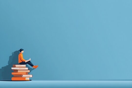 Man Reading on Stack of Books Knowledge Concept Illustration