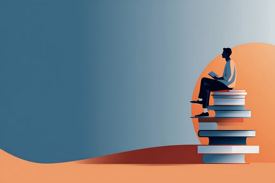 Man Reading on Stack of Books Minimalist Education Concept