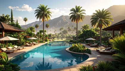 Fototapeta premium Large luxury resort pool with tropical mountain landscape