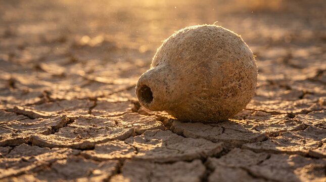 Dried gourd resting on cracked earth during golden hour drought landscape