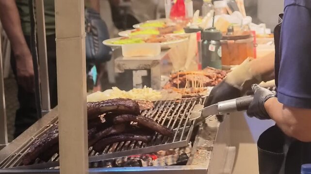 Vendor grilling sausages with melted cheese at a night food market