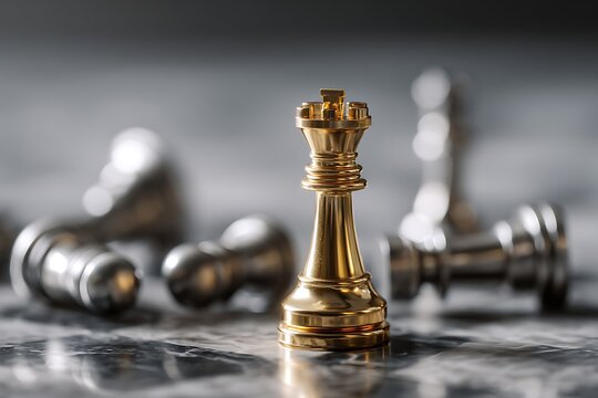 Golden Chess King Standing Victorious Over Silver Pieces