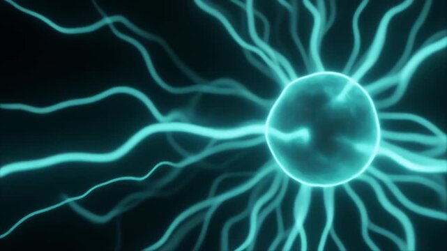Electric-cyan plasma pulses with organic luminous thunder lines in a living energy field, self-illuminated against total black with generous side negative space for sci-fi overlays