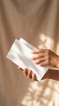 A person's hands hold a white card or paper against a textured beige fabric background, with soft sunlight casting dappled shadows, suggesting a moment of gentle presentation or thought.