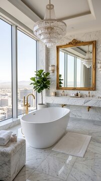 Contemporary bathroom featuring a stunning city view elegant soaking tub and chic interior design elements