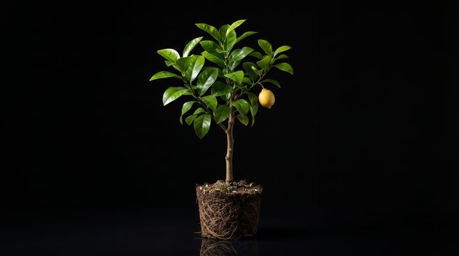 A small lemon tree in a pot displays a single yellow lemon and lush green leaves against a pure black background.