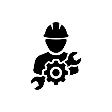 Construction worker with tools and gear symbol representing industry and engineering isolated on transparent background