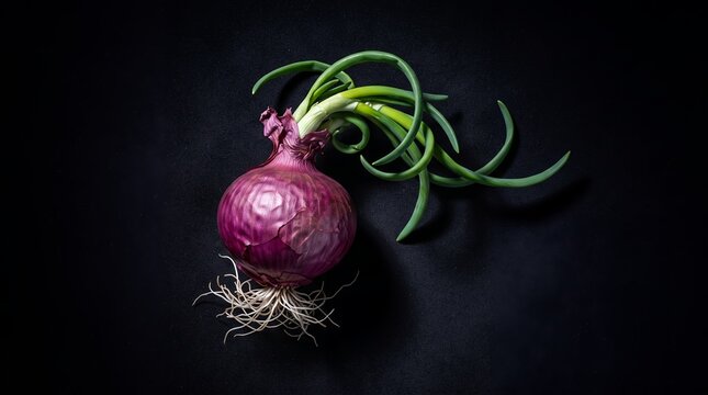 A red onion with long, curly green sprouts and visible roots is artfully arranged on a dark surface.