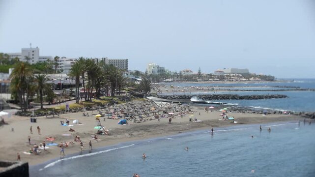 Beach curves through Costa Adeje, Tenerife, with swimmers, parasols, palm trees, and resort hotels. Wide coastal view shows calm Atlantic water and rocky breakwaters