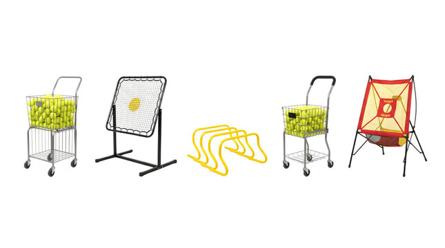 Tennis training equipment set, professional ball hopper carts and rebounder nets, sports practice gear on white background