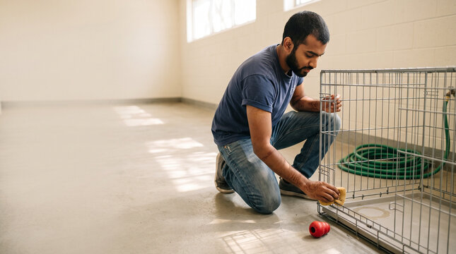Man cleaning animal cage in a spacious room with natural light  