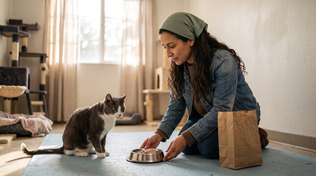 Woman feeding shelter cat in a cozy indoor environment   