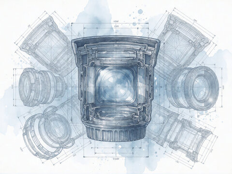 Camera lens technical blueprint cross section illustration