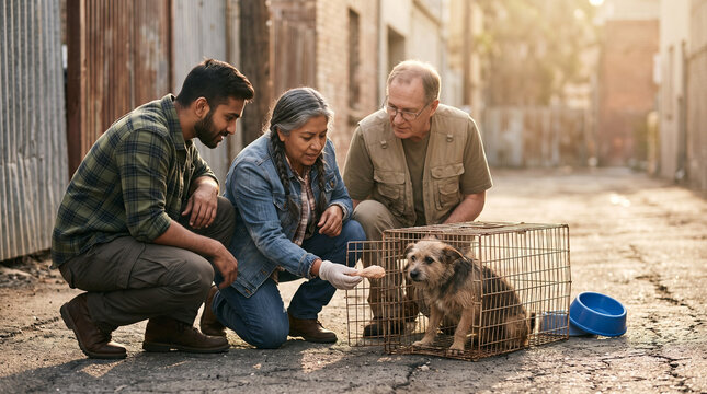 Pet rescue team members feeding a dog in a rescue cage outdoors  