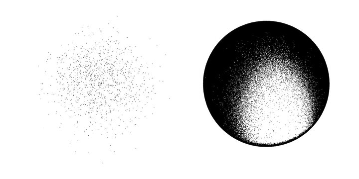 Dotwork 3D Spheres vector background. Sand grain effect. Black noise stipple dots. Abstract noise dotwork balls. Black dots grunge round elements. Stipple circles