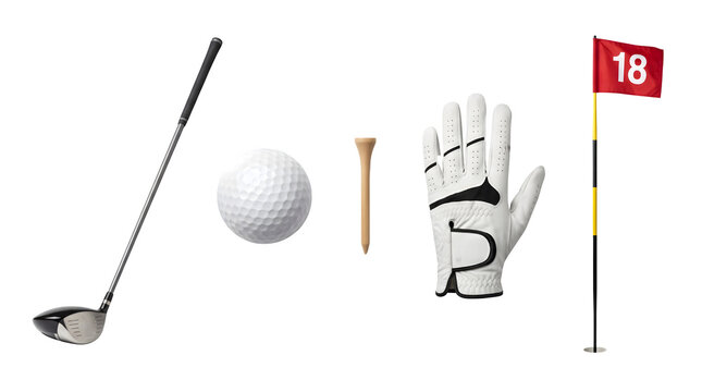 Professional golf equipment set, driver club and white ball with wooden tee, leather glove and red 18th hole flag on white background