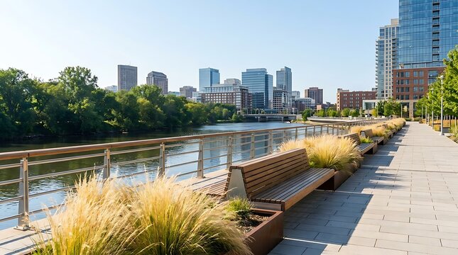 Vibrant urban riverside promenade with modern benches and decorative grasses, offering a panoramic view of the city skyline under a clear sky, ideal for relaxing walks