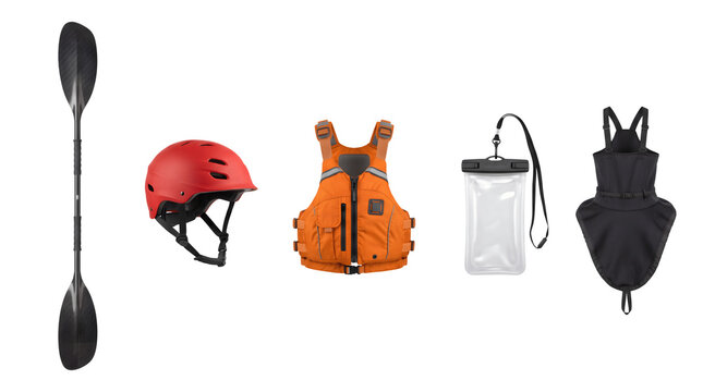 Kayaking gear set with paddle, red helmet and orange life vest. Professional rafting equipment collection on white background.