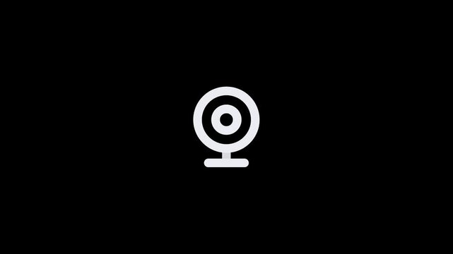 Minimalist white webcam icon isolated on a solid black background.