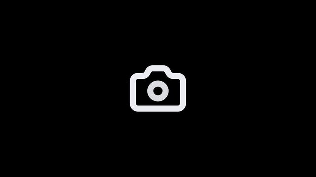 Minimalist white camera icon isolated on a solid black background.