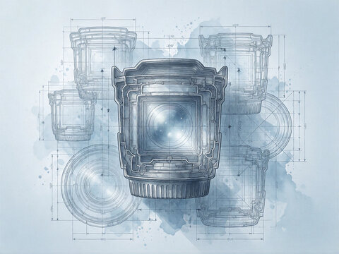 Technical blueprint of a camera lens cross section