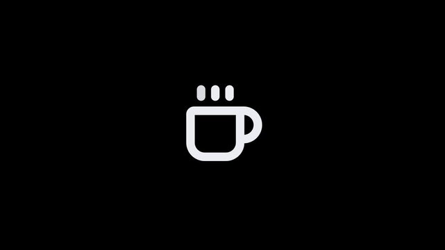 Minimalist white line art icon of a steaming hot coffee cup on black background.