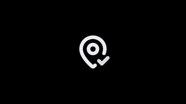 Minimalist white location pin icon with a checkmark symbol on a black background.