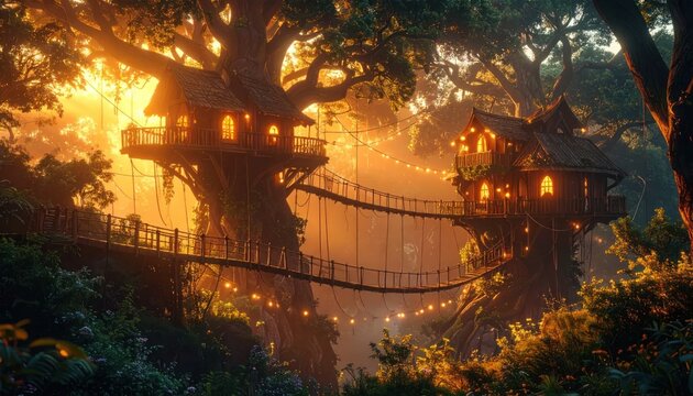 Illuminated fantasy treehouse village in a forest