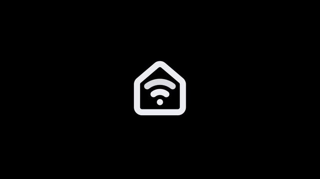 Minimalist white icon of a house with a wifi signal symbol inside on a black background.