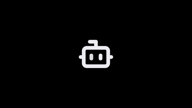 Minimalist white robot head icon isolated on a solid black background.