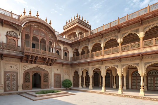 Traditional Indian nobleman's haveli with multiple courtyards and intricate facade ornamentation
