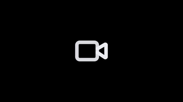 Minimalist white video camera icon isolated on a solid black background.