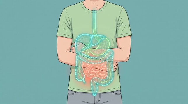 Illustration of human digestive system with glowing stomach and intestines, medical anatomy concept, abdominal pain and health problem diagnosis background