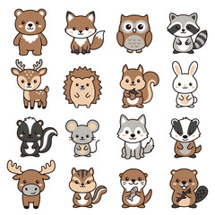 Obraz premium Cute Kawaii Woodland Animals Collection Isolated on Transparent Background