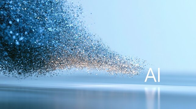 Abstract digital artwork symbolizing artificial intelligence, dense sparkling blue silver particle cloud bursting left and tapering toward center, clean white sans‑serif &ldquo;ai&rdquo; letters on semi‑reflectiv