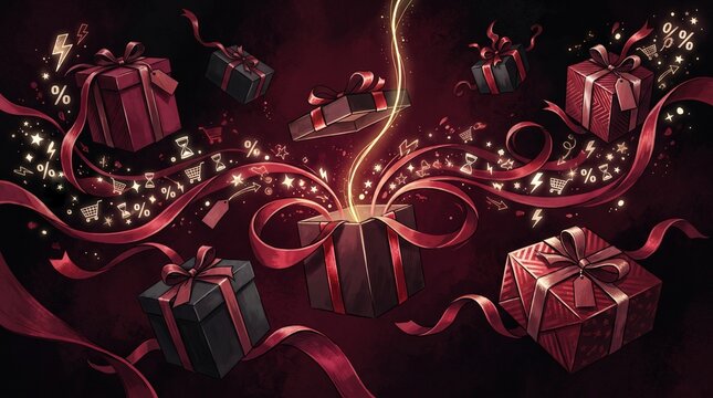 Gifts exploding with ribbons and sparkles, celebrating Black Friday  