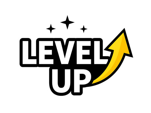Level up text with yellow arrow and stars icon