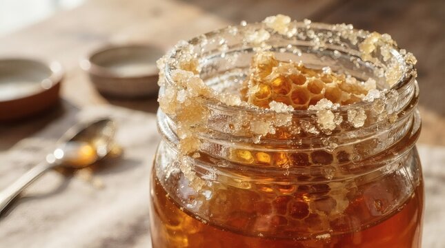 Macro Shot Honey Crystallizing Edge Jar Golden Light Refracting Through Comb Suspended Inside

