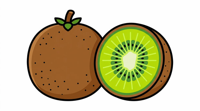 A vibrant vector illustration showcasing a whole kiwi fruit alongside a perfectly cut kiwi, revealing its juicy green interior and black seeds