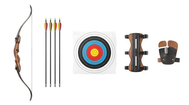 Professional archery equipment set with wooden recurve bow, arrows and target. Traditional bow and arrow kit for sports training on white background.