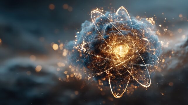 Glowing Atomic Structure with Orbiting Electron Rings and Glowing Energy Particles in Dark Cosmic Space