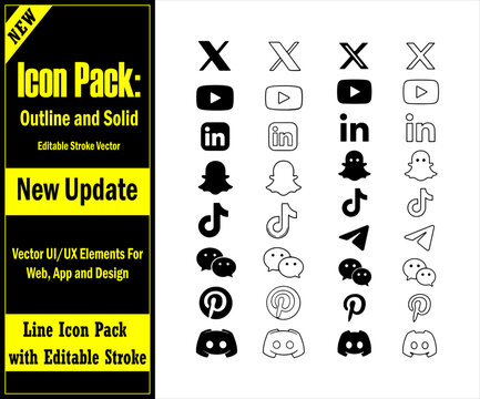Social media icons outline and solid black and white design elements for web and app. Modern Social Media Icons Set