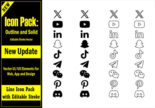 Social media logo icon set including diverse solid and outline shapes for website and mobile apps ui. Modern Social Media Icons Set