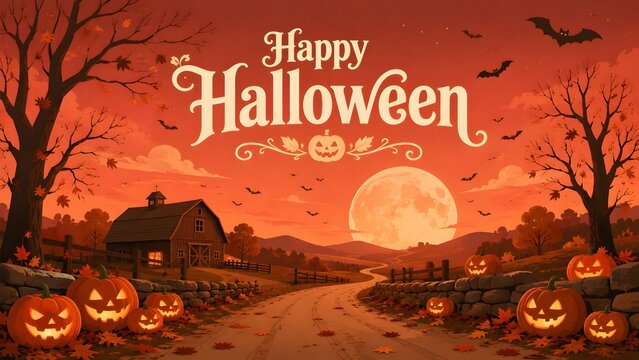 A captivating halloween scene unfolds with a spooky yet inviting pathway illuminated by glowing jack o' lanterns under a vibrant autumnal full moon and falling
