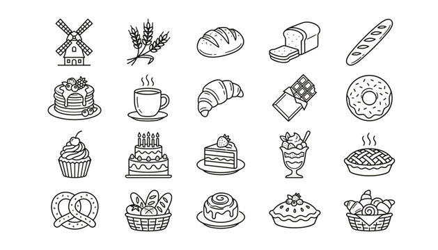  Bakery and pastry line art icon set vector illustration featuring bread windmill croissants donuts cakes pie pretzel coffee and sweet dessert shop artifacts design.svg