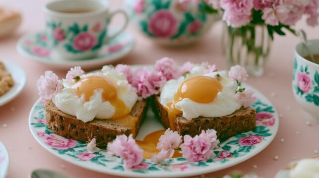 Delicious poached eggs on toast garnished with flowers, served on a floral plate with coffee and sweet treats in a cozy breakfast setting