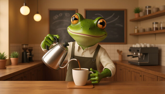 Cute cartoon frog barista serving coffee in cozy cafe with warm lighting and plants