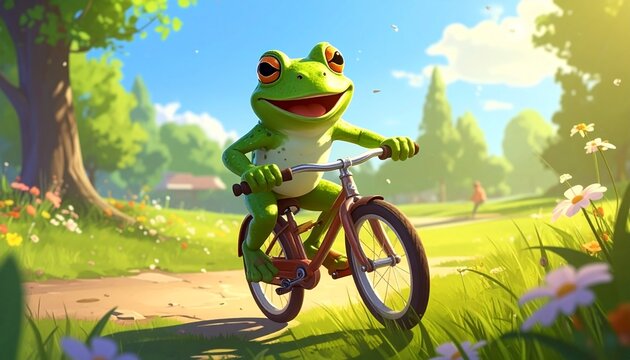 Cute Frog Illustration Riding a Bicycle in a Sunny Summer Park Nature Landscape